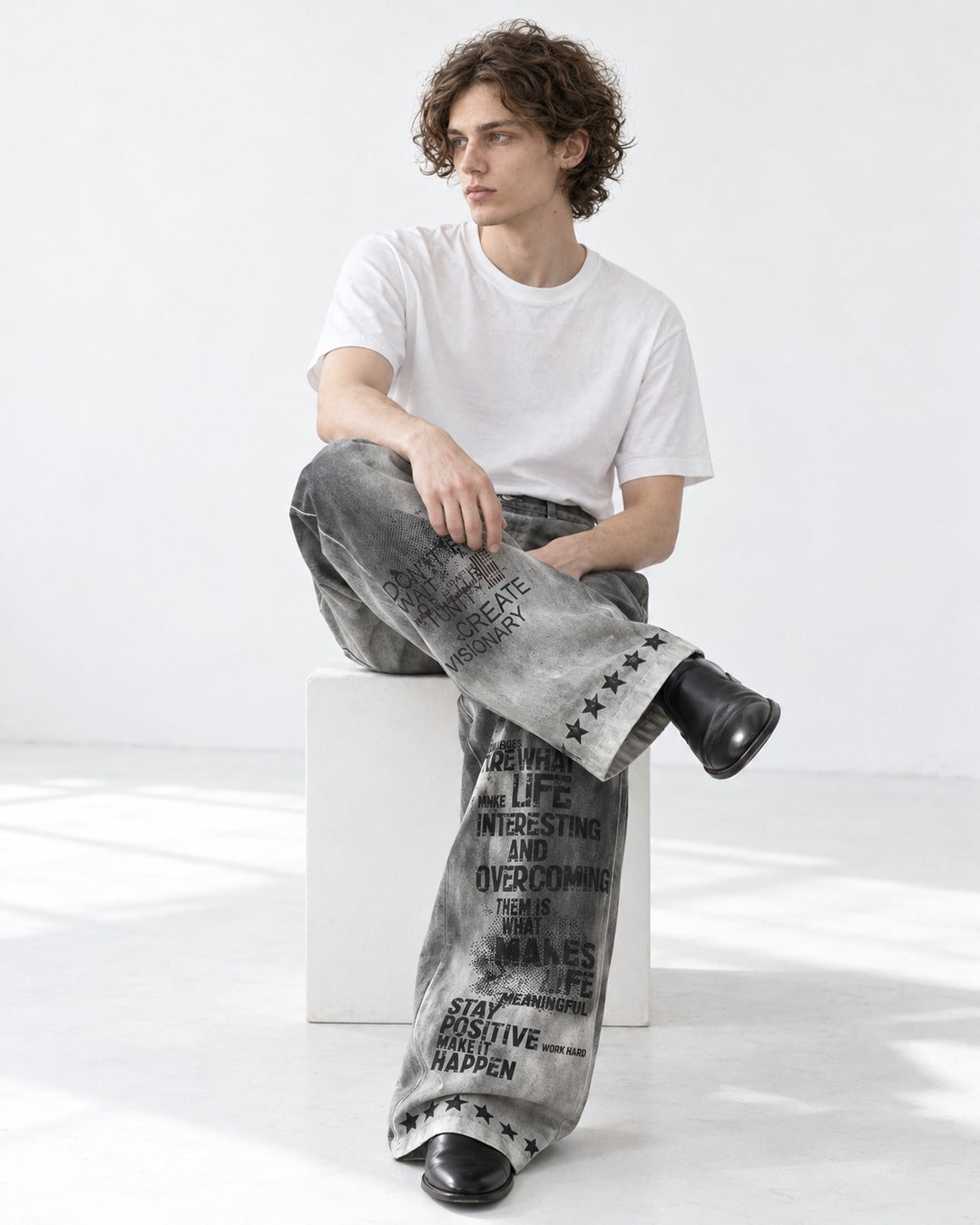 Gray Gradient Slogan Print Wide Pants