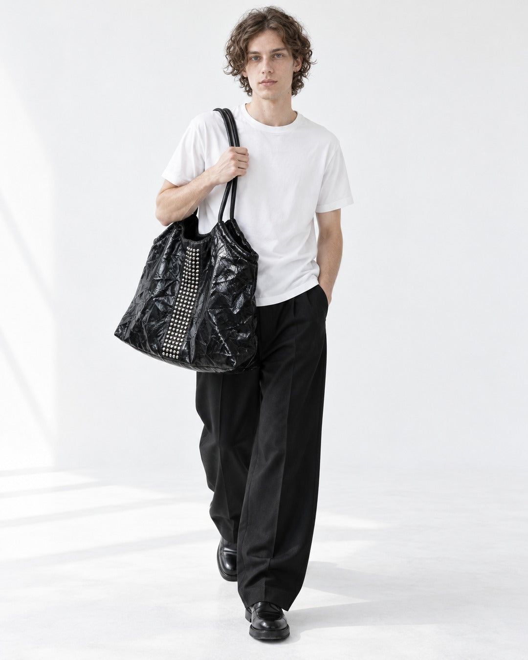 Studded Crinkle Leather Tote Bag