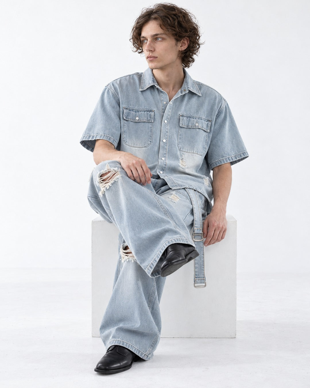 Faded Denim Shirt and Ripped Wide-Leg Jeans Set-Up