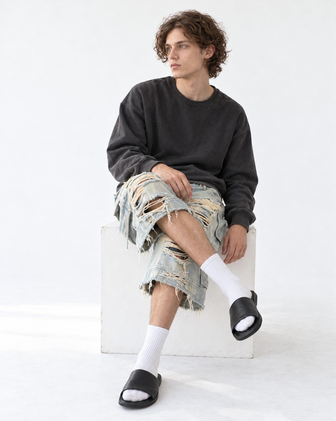 Double-Waist Shredded Denim Shorts