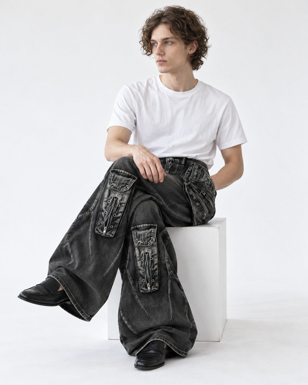 Eyelet Pocket Washed Black Cargo Jeans