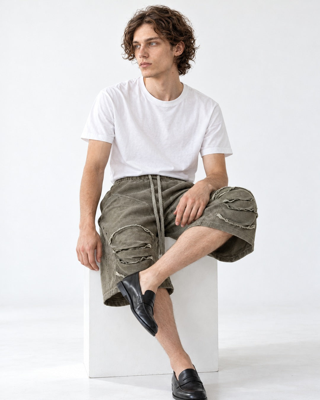 Raw Edge Knee Patch Drawstring Shorts