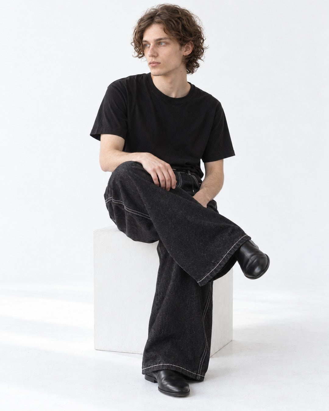 Double-Pleated Wide Denim Pants