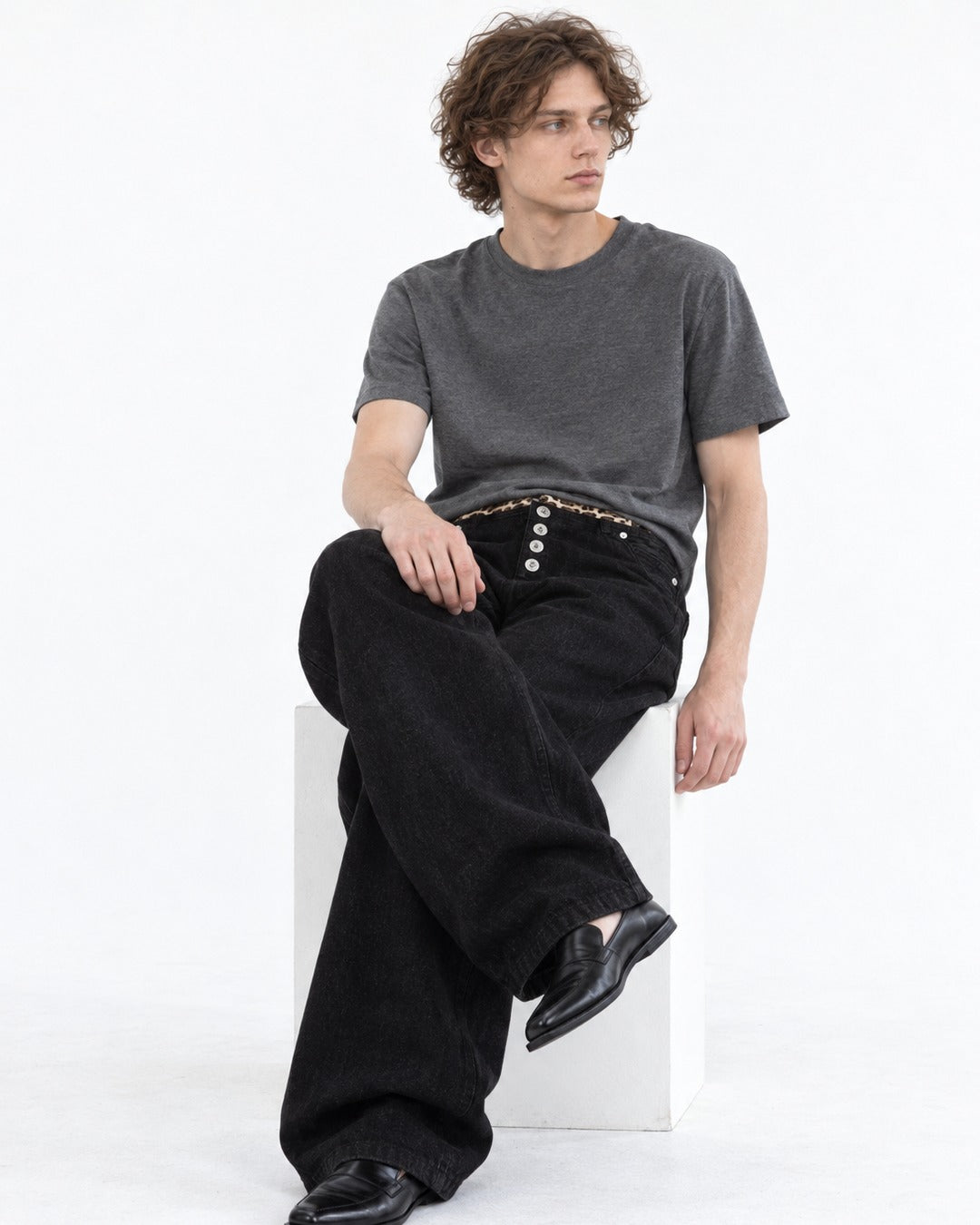 Leopard Waist Button Fly Wide Black Jeans