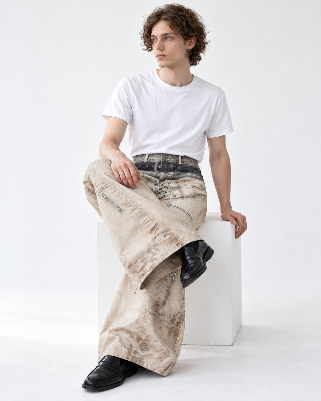 3D Double-Waistband Wide Pants