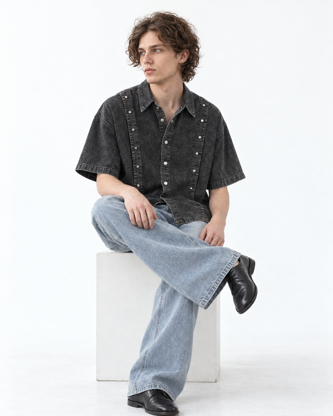 Studded-Collar Denim Shirt