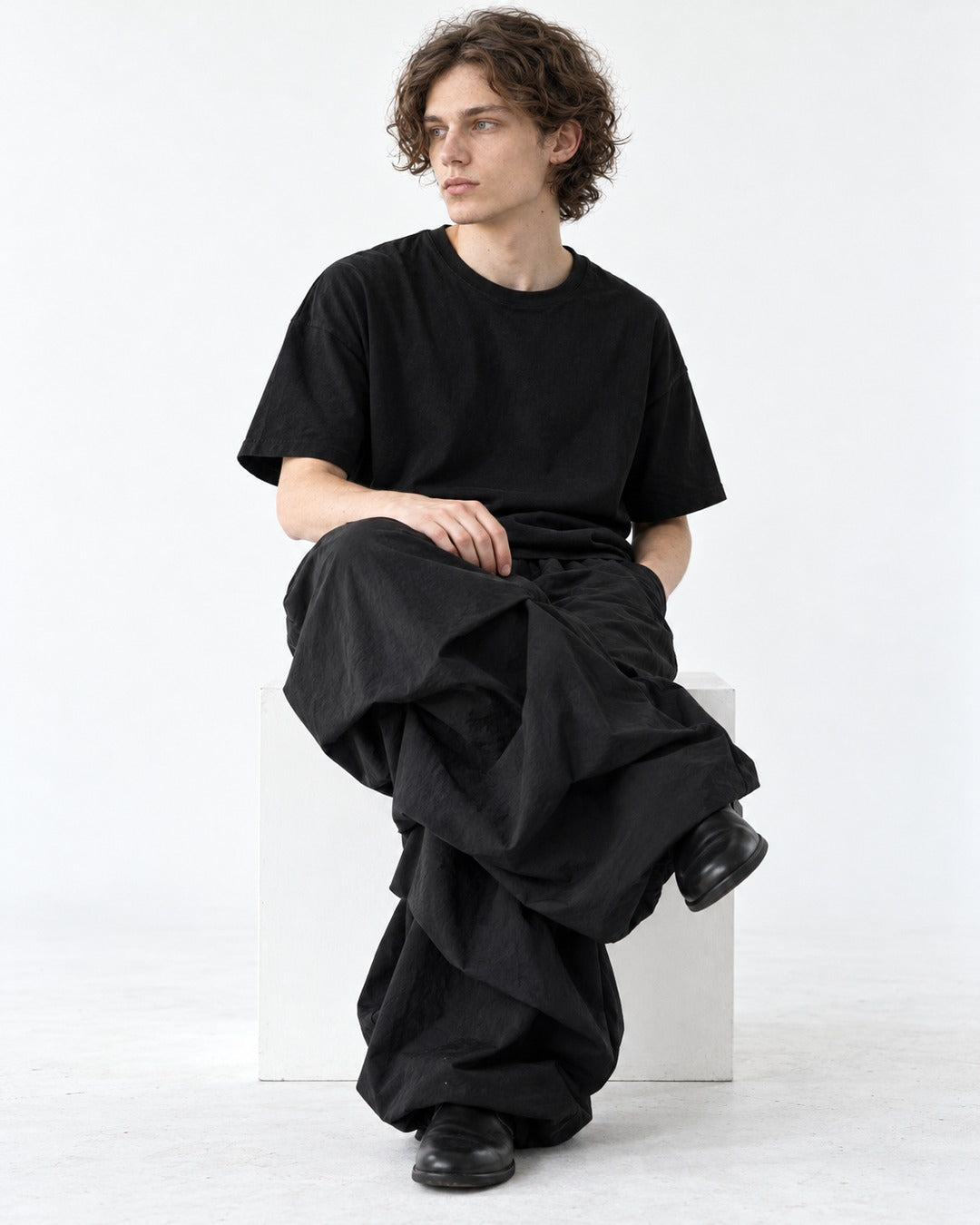Gathered Wide-Leg Parachute Pants