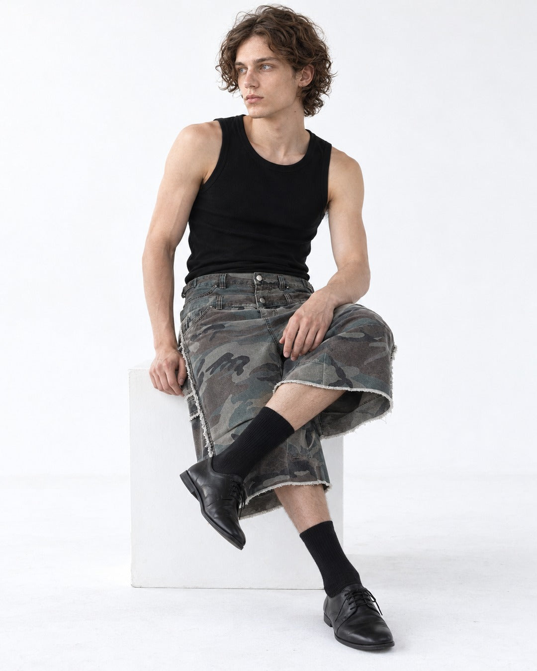 Frayed Camouflage Double Waist Shorts