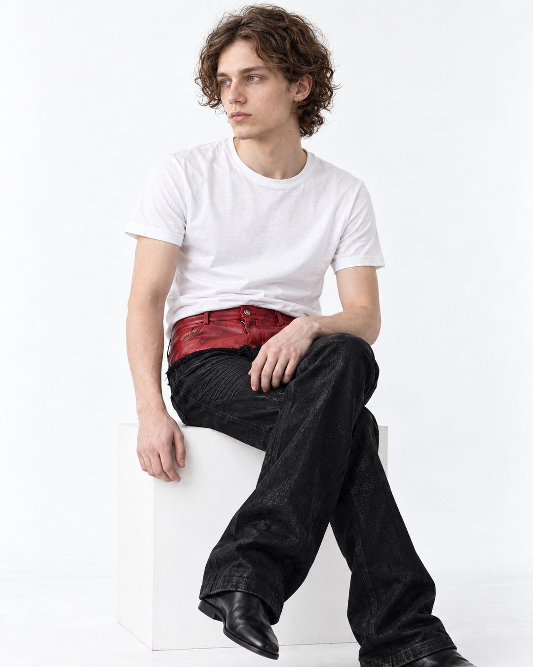 Red Panel Waist Coated Flared Jeans
