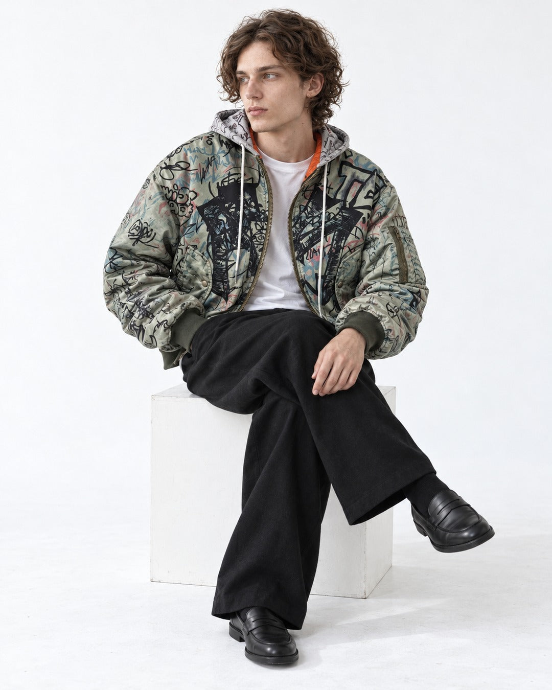 Graffiti Print Hooded Bomber Jacket