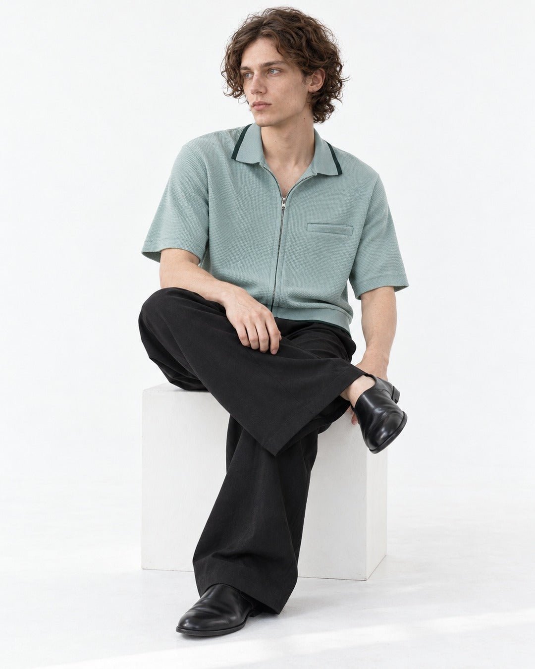 Waffle Knit Zip-Up Short Sleeve Shirt with Contrast Trim