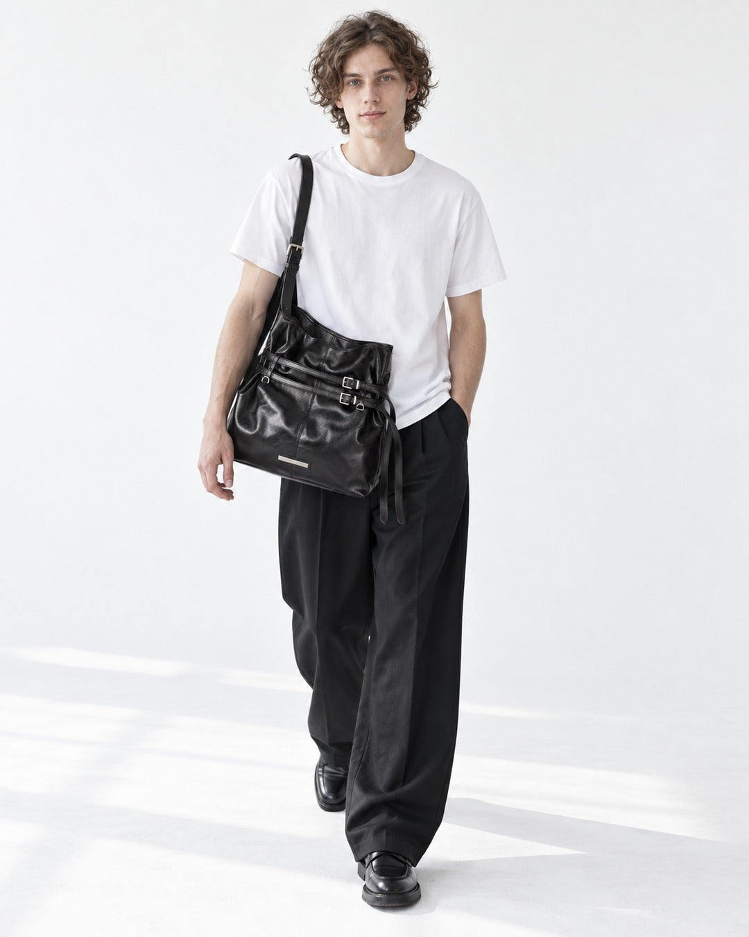 Glossy Black Buckle Strap Shoulder Bag
