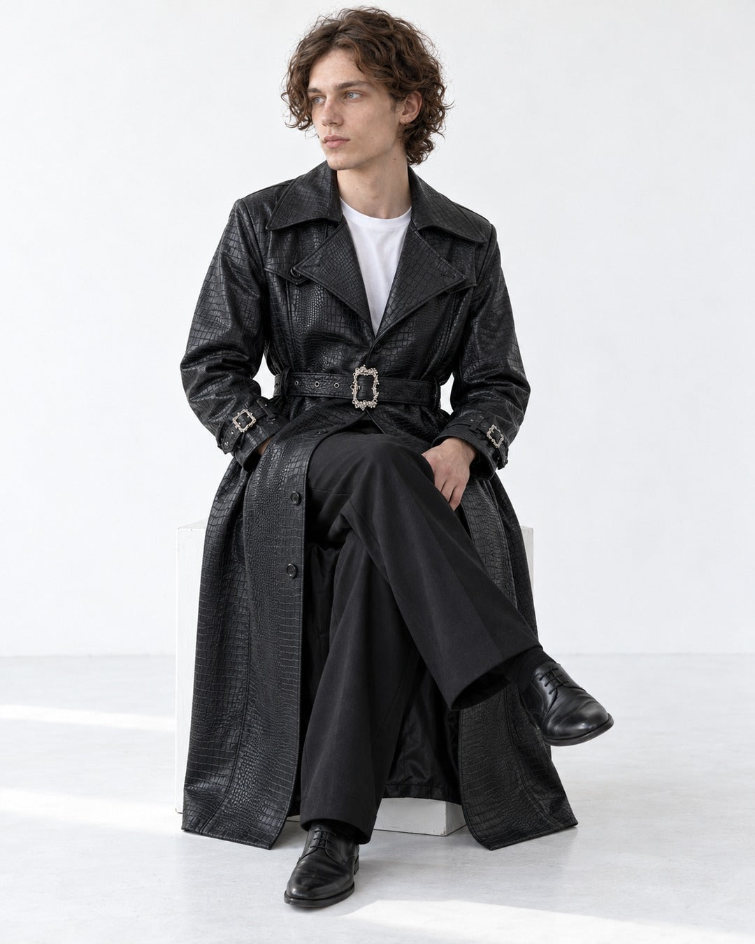 Croc-Embossed Belted Trench Coat