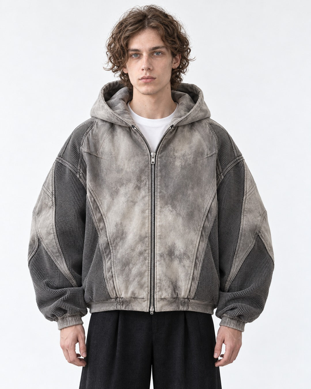 Washed Paneled Hooded Zip Jacket