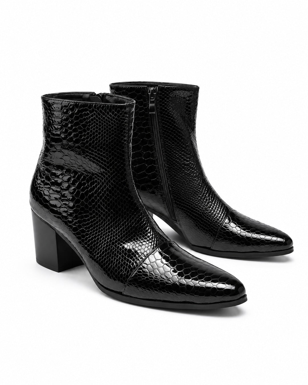 Pointed-Toe Block-Heel Zip Ankle Boots
