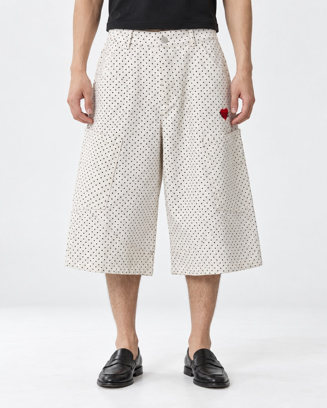 Polka Dot Wide Knee-Length Pants with Heart Embroidery