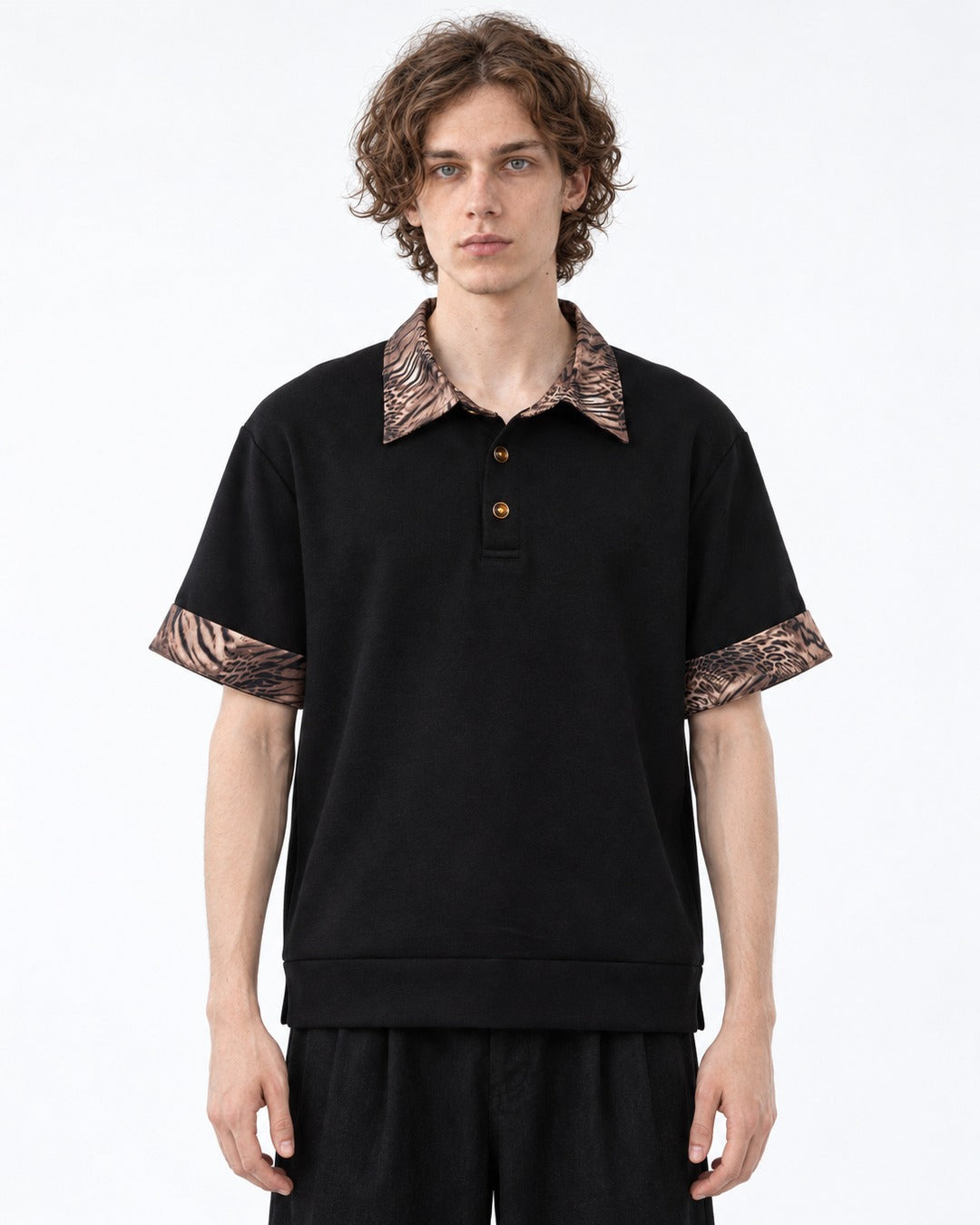 Leopard Print Collar Short Sleeve Polo Top