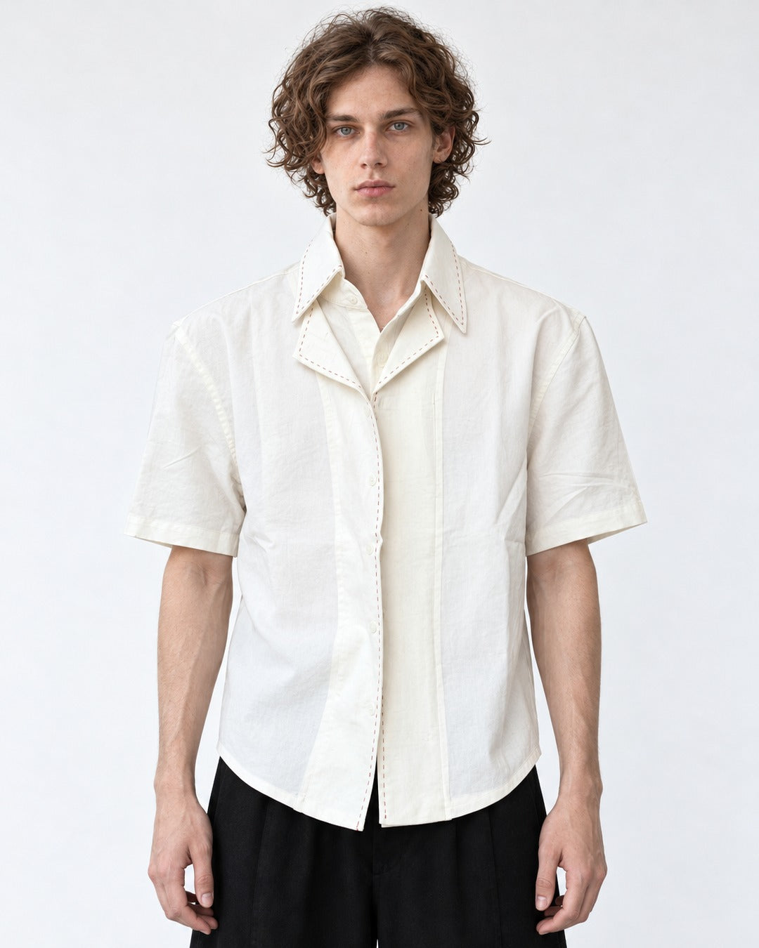 Double Collar Hand-Stitched Short-Sleeve Shirt