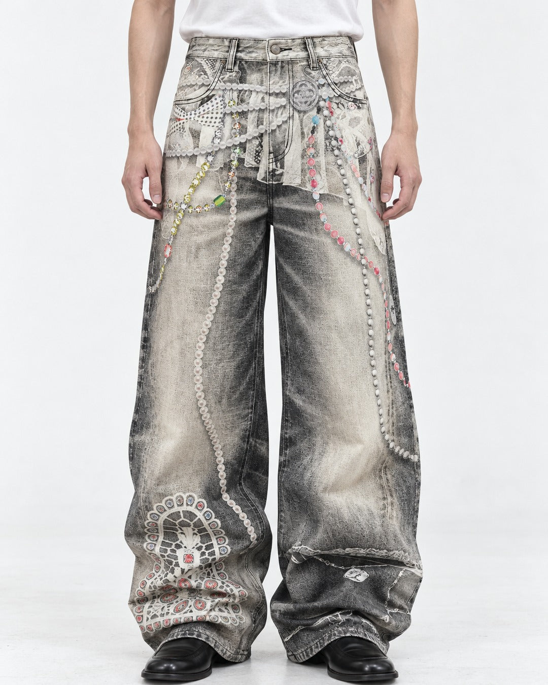 Pearl Chain Lace Print Baggy Jeans