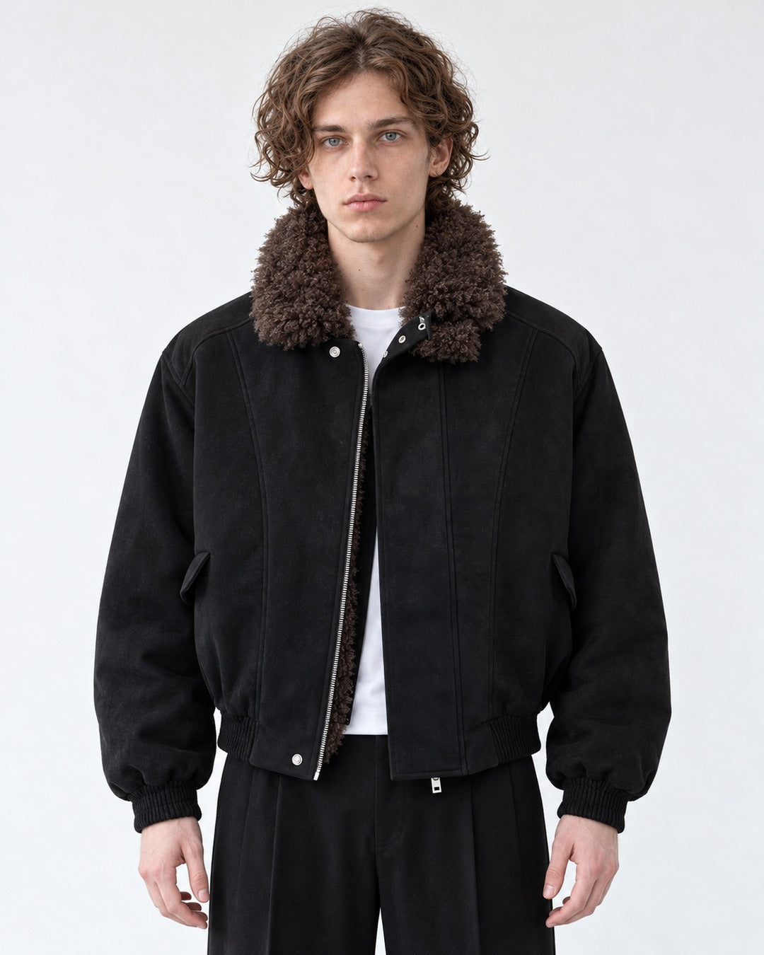 Shearling Collar Suede-Look Bomber Jacket
