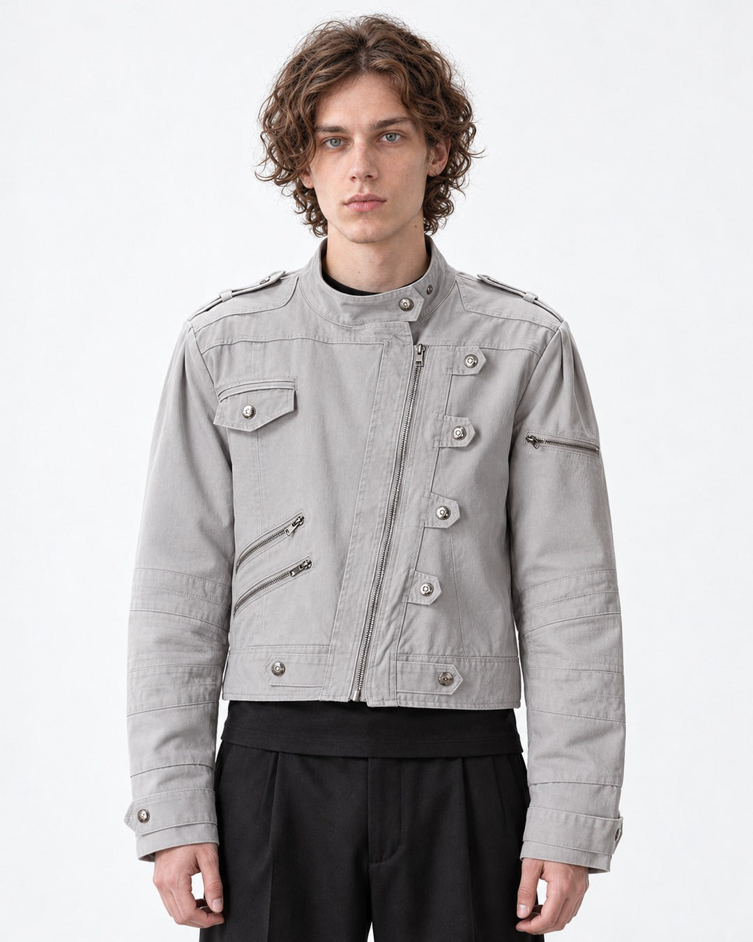 Studded Diagonal-Zip Stand Collar Jacket