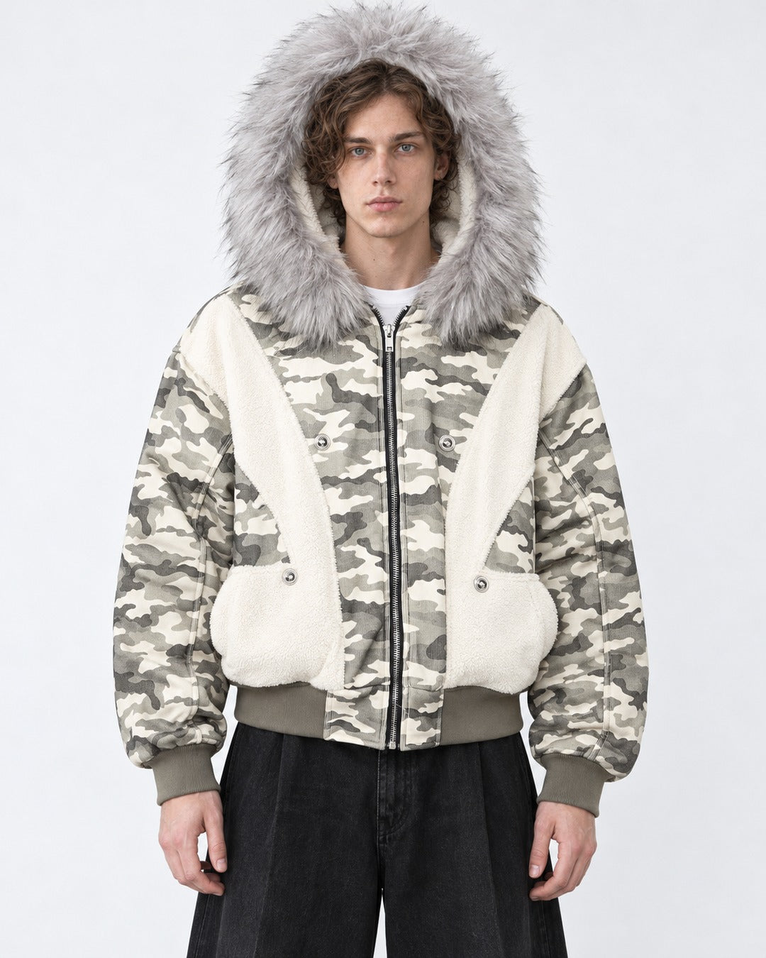 Camouflage Panelled Hooded Bomber with Fur Trim