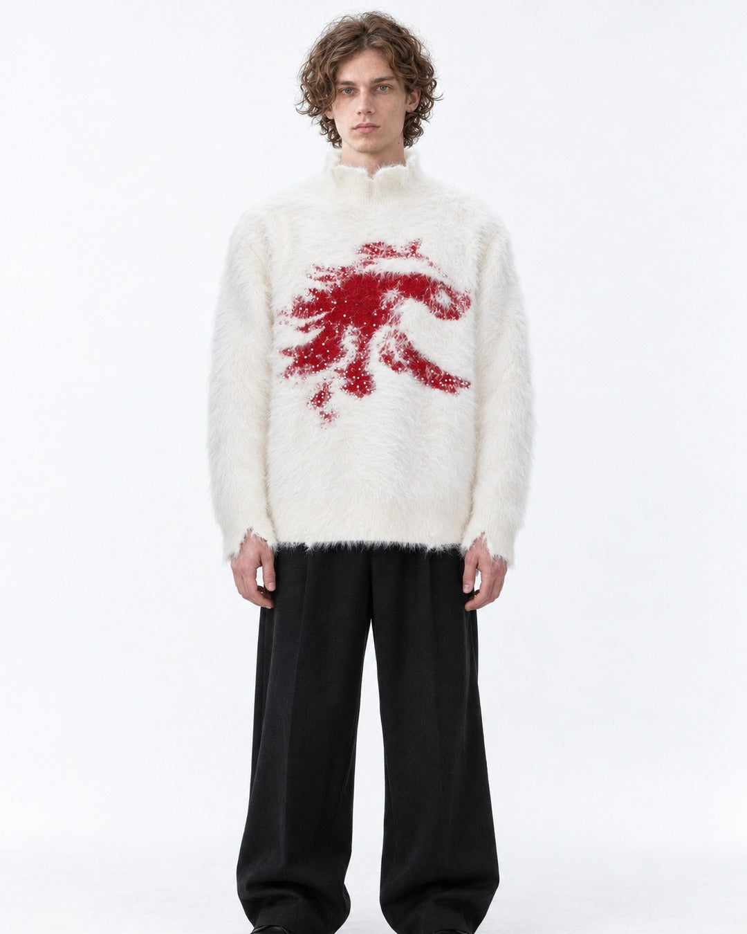 Brushed Horse-Intarsia Mock-Neck Sweater