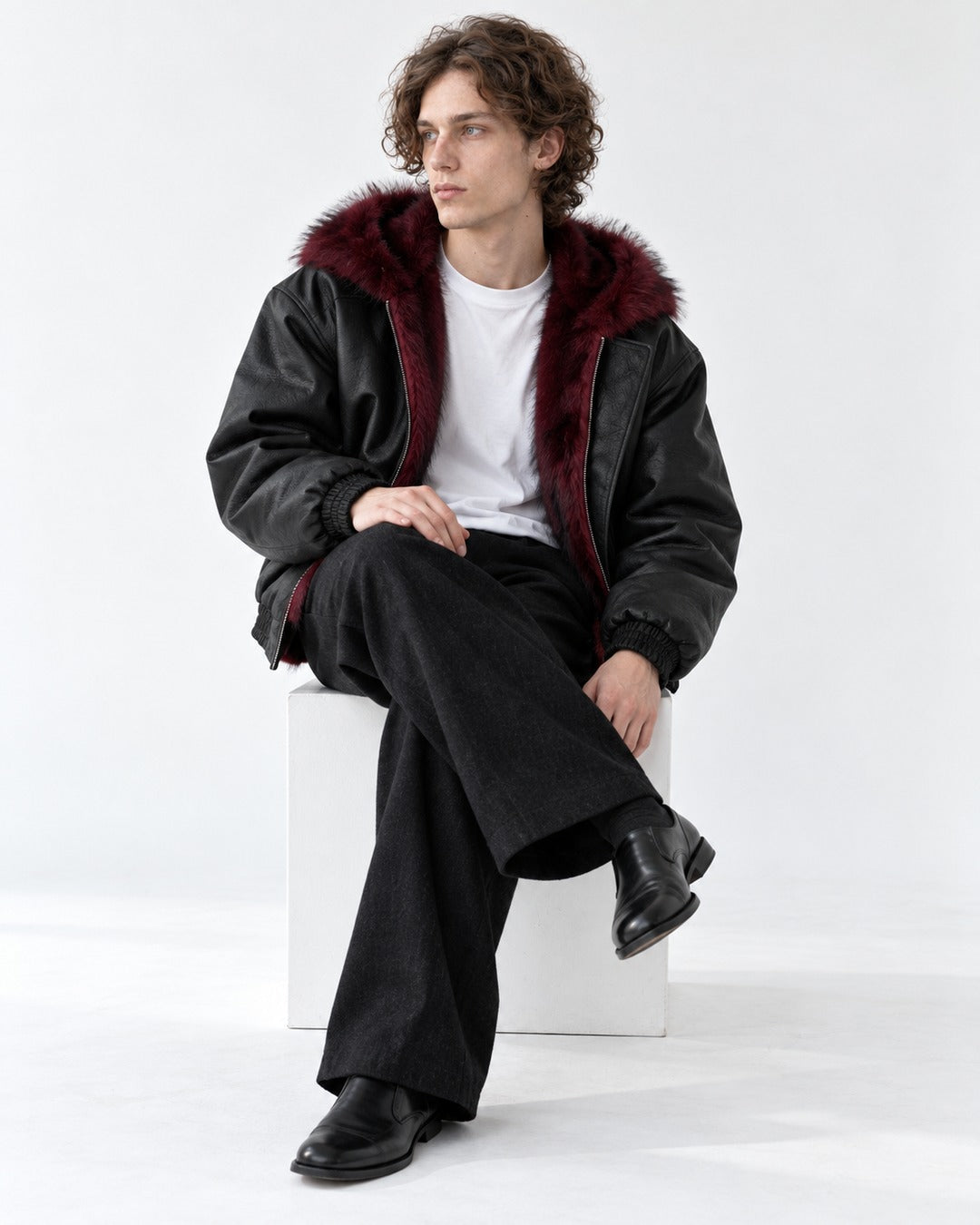 Fur-Trim Hooded Bomber Jacket with Offset Zip