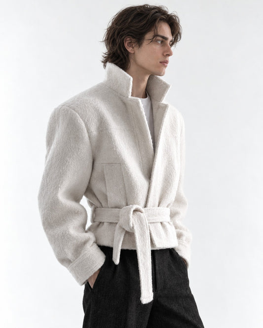 Funnel Neck Tie-Belt Crop Jacket