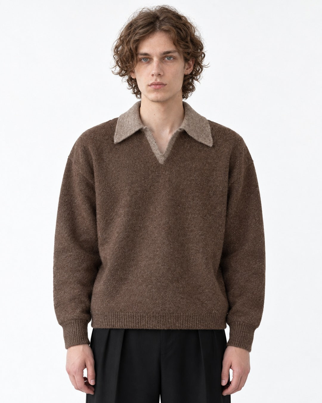 Contrast-Collar Open-Placket Polo Sweater