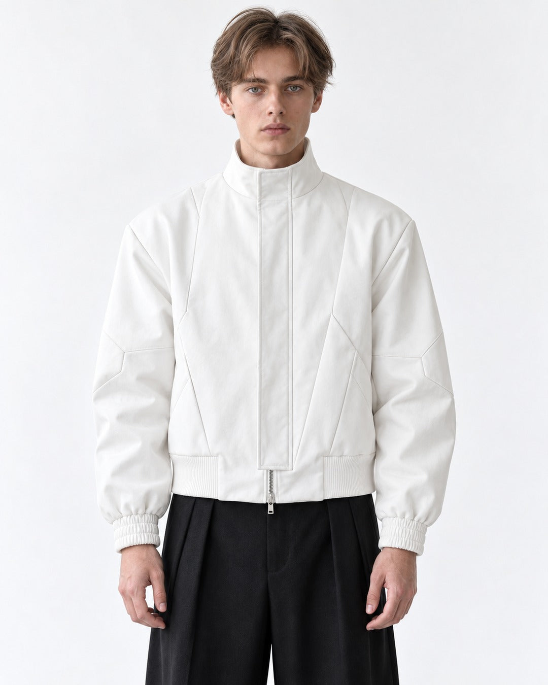 Asymmetric Zip Stand-Collar Cropped Bomber Jacket