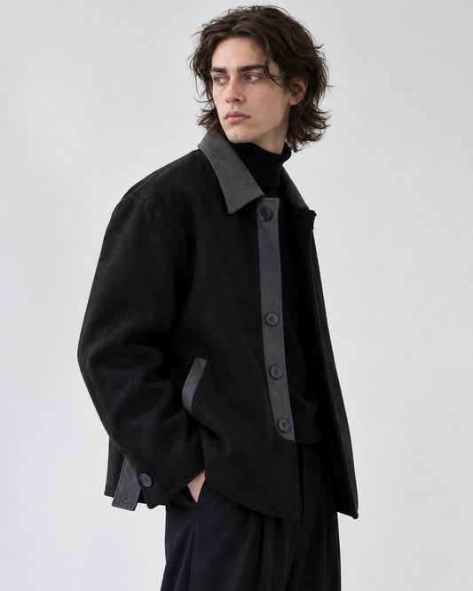 Contrast-Collar Boxy Coat with Side Strap