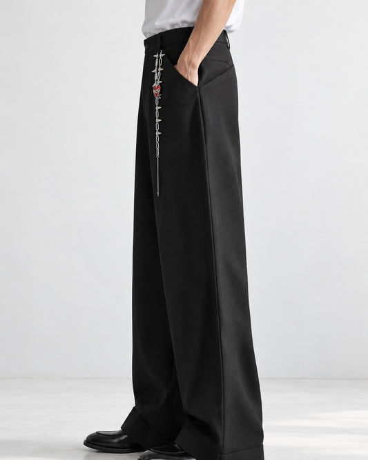 Chain-Charm Pleated Wide-Leg Trousers