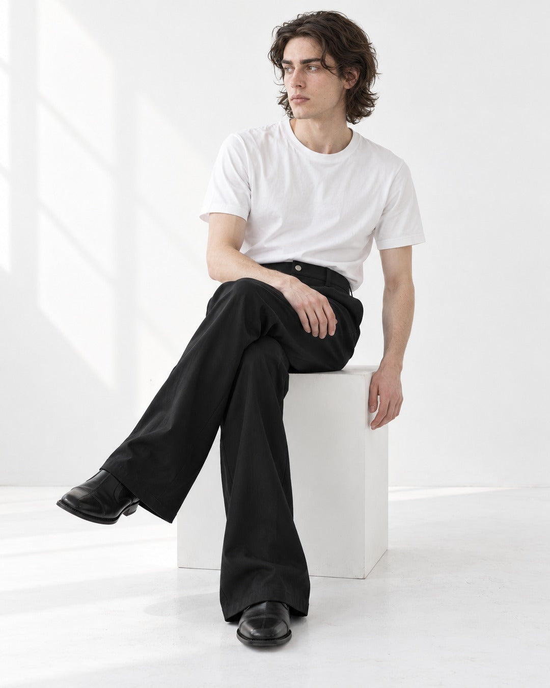 Snap-Front Flared Trousers with Stacked Hem