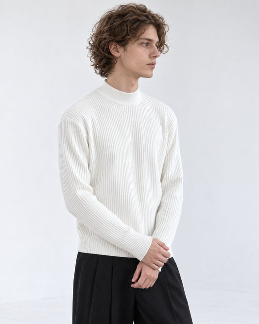 Ribbed Mock-Collar Knit Sweater