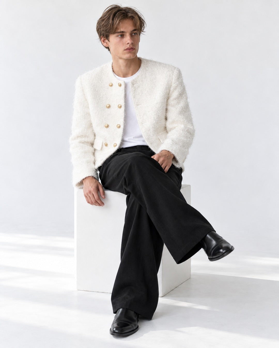 Collarless Double-Breasted Cropped Jacket