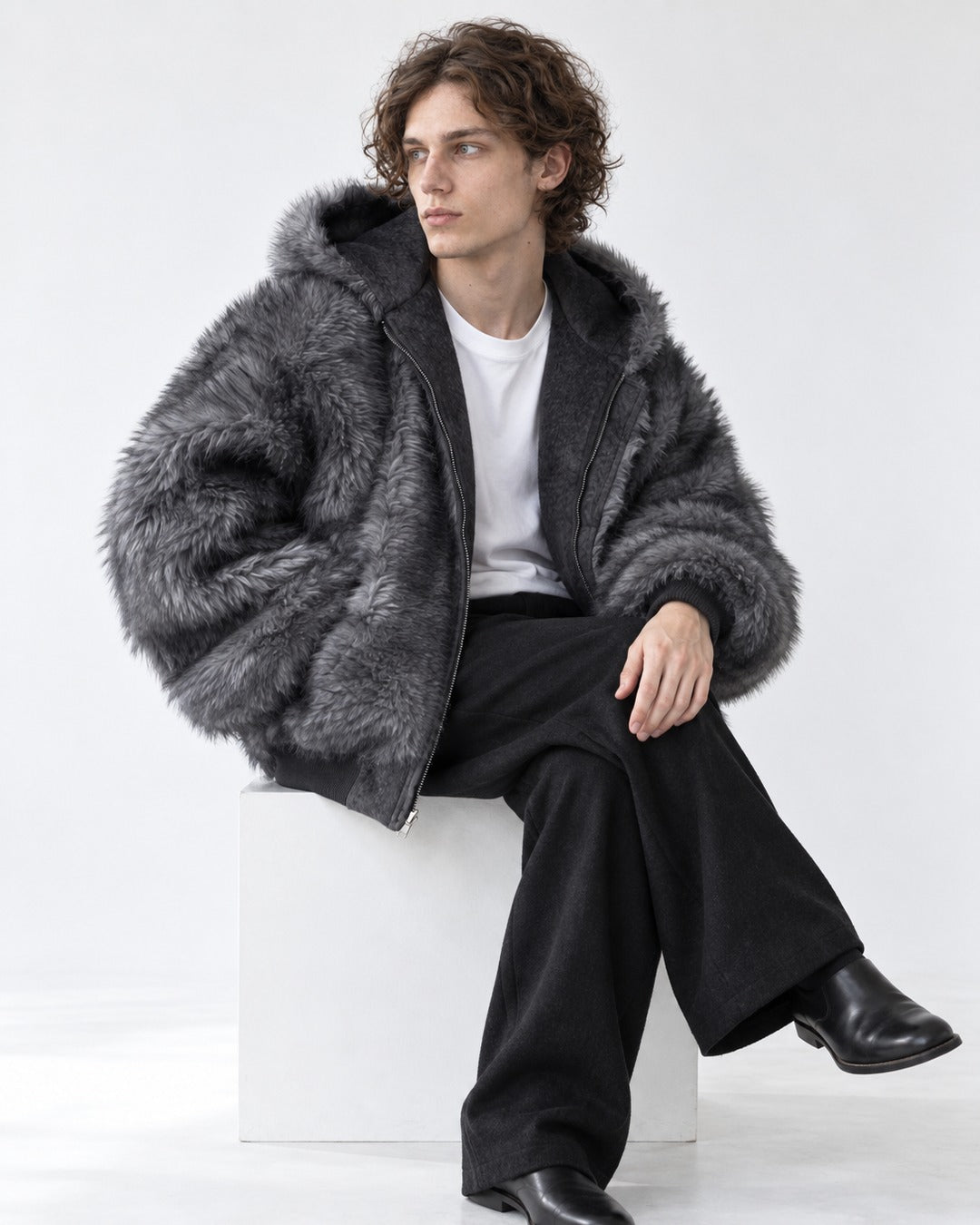 Oversized Shaggy-Fur Hooded Zip Jacket