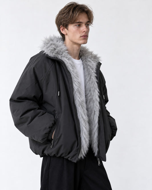 Drawstring Hood Trimmed Bomber Jacket