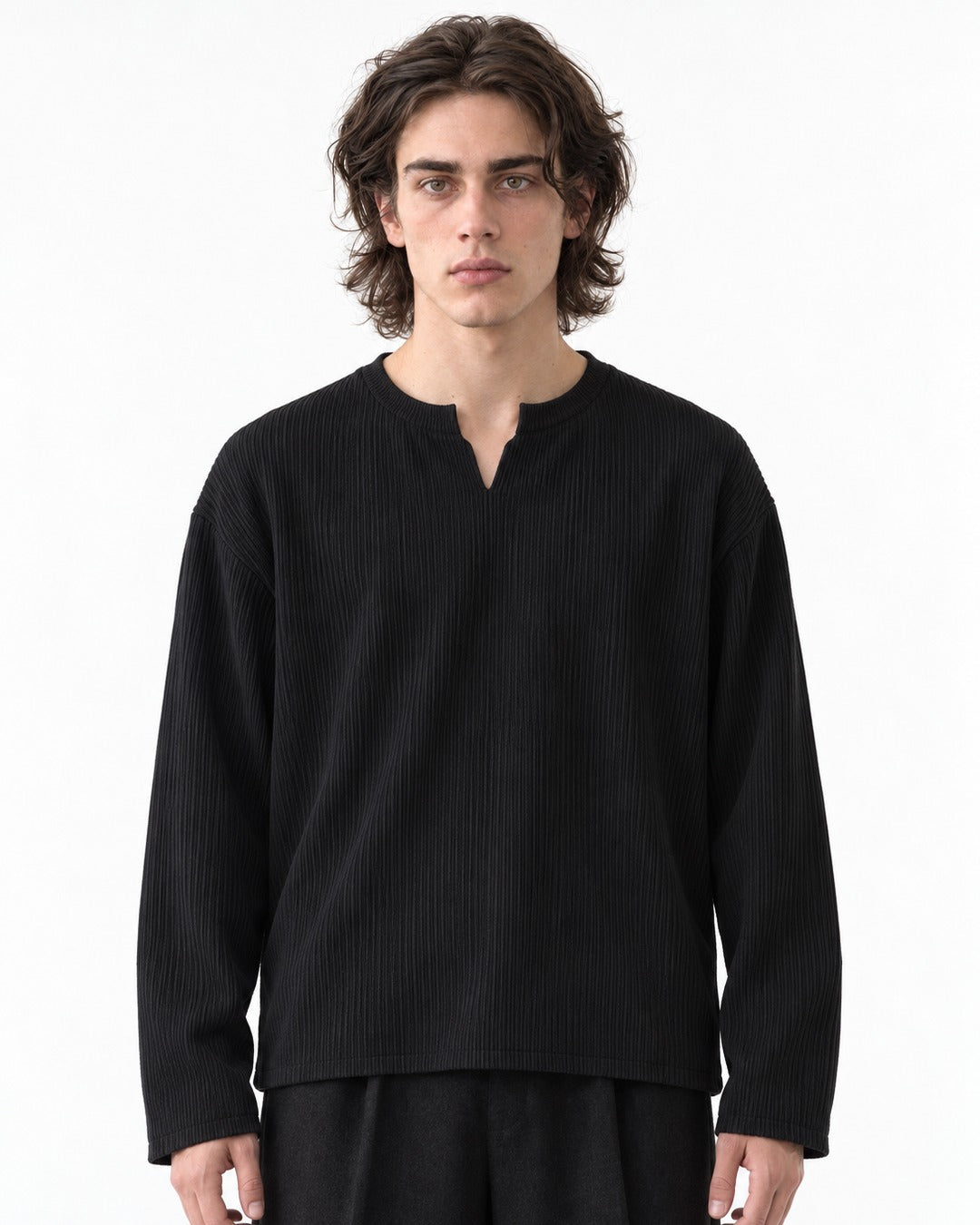 Vertical-Rib Notch-Neck Drop-Shoulder Top