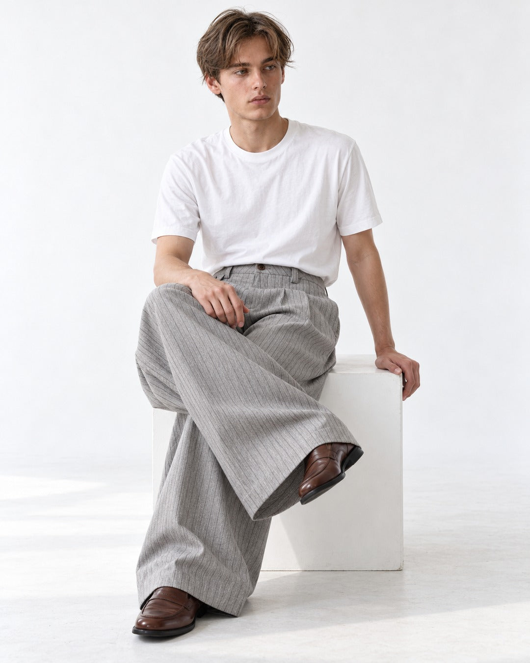 Pinstripe Flap-Pocket Wide-Leg Trousers