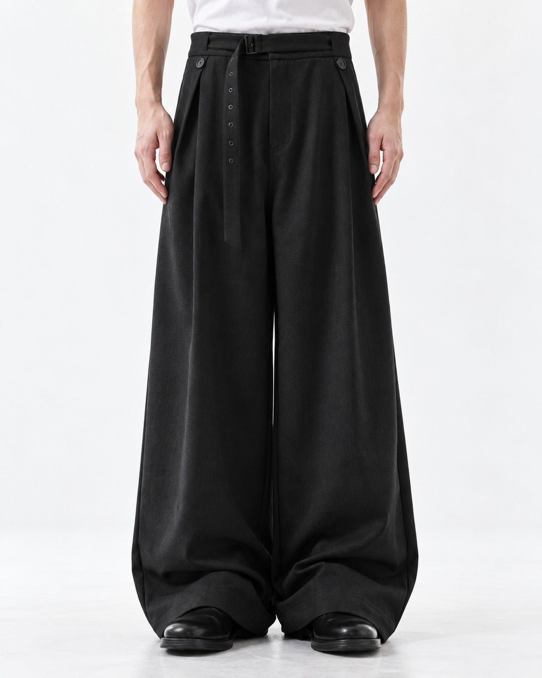 Button Strap Pleated Wide-Leg Trousers