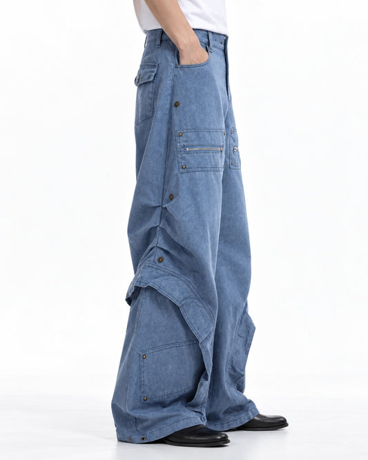 Zip-Pocket Riveted Wide-Leg Pants