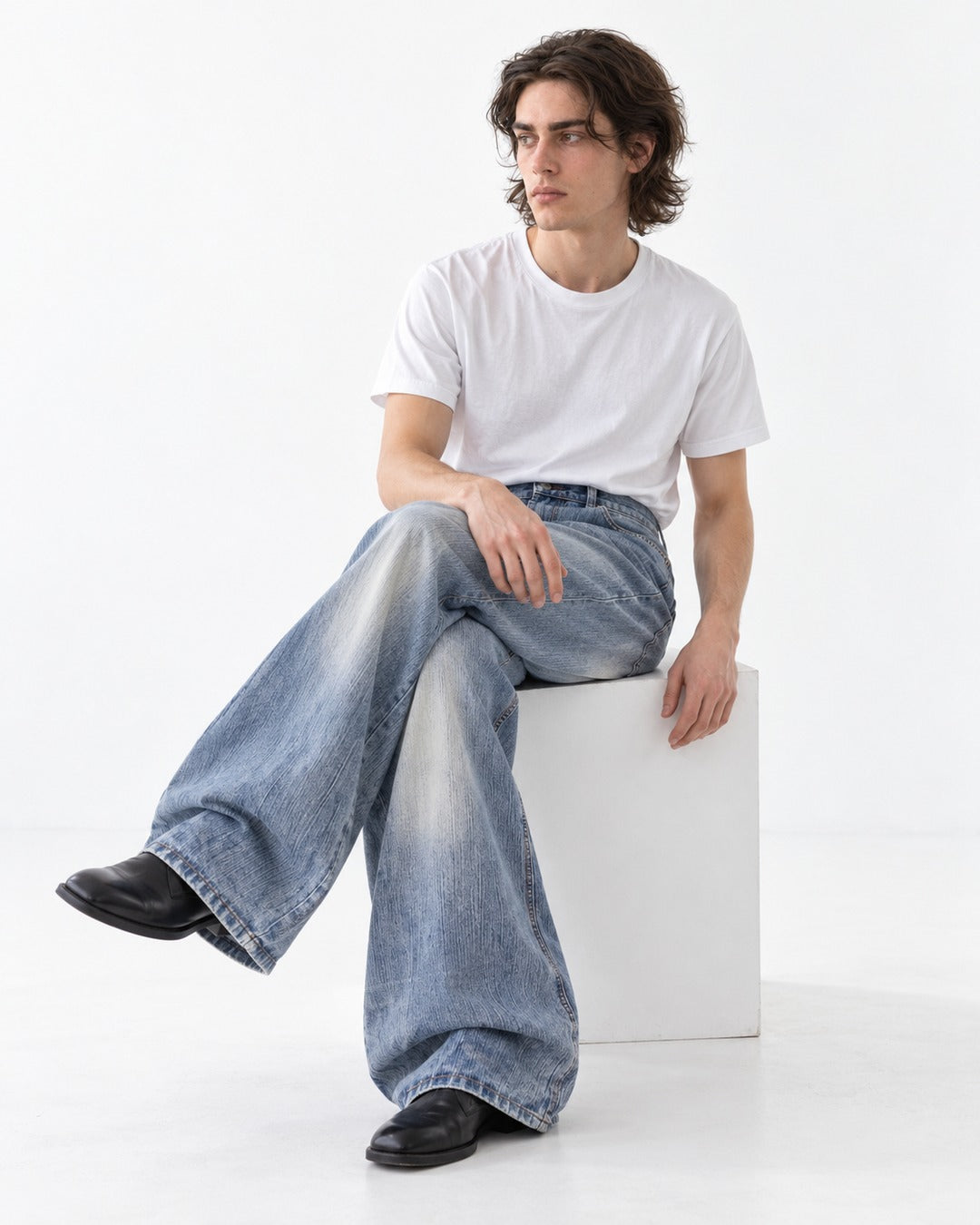 Vertical-Fade Straight Wide-Leg Jeans
