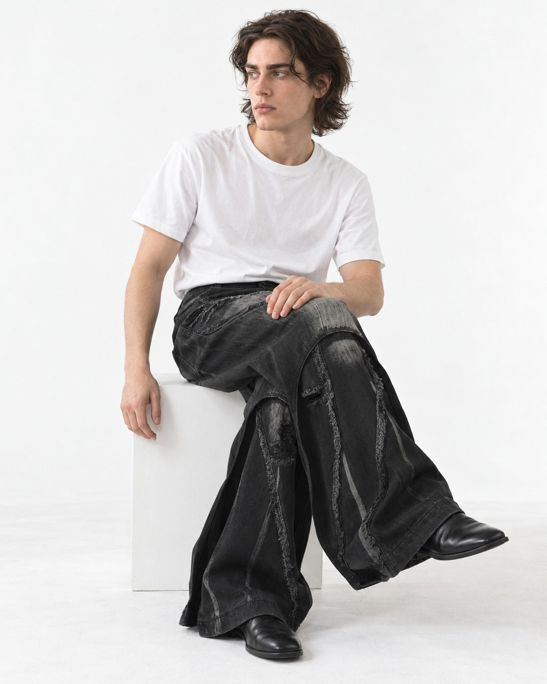 Patchwork Frayed-Seam Wide-Leg Jeans
