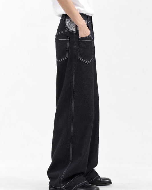 Contrast-Stitch Paisley-Pocket Wide-Leg Pants