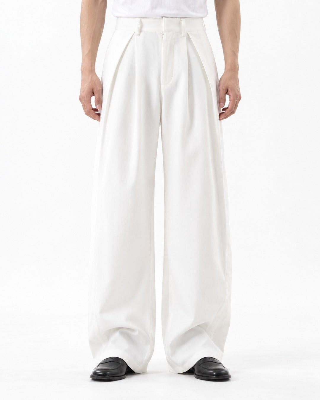Double Pleat Embroidered Hem Wide-Leg Trousers