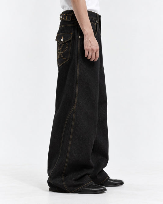 Embroidered Flap Pocket Wide-Leg Jeans