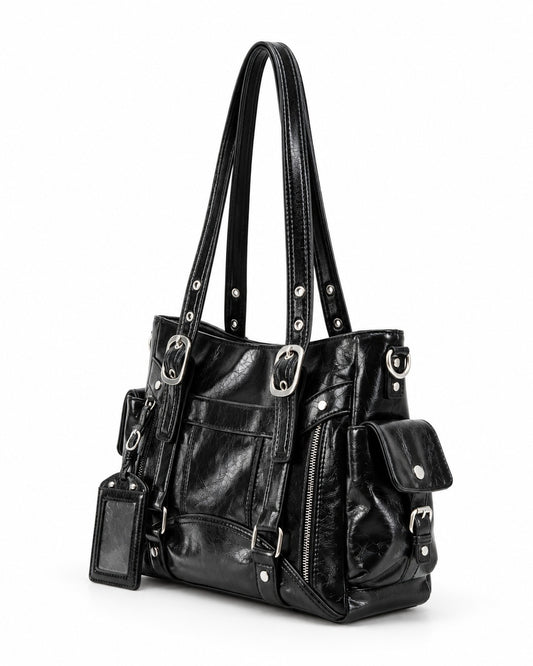 Double-Buckle Multi-Pocket Tote Bag