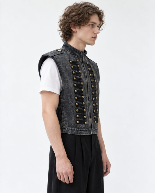 Raw-Edge Studded Denim Vest