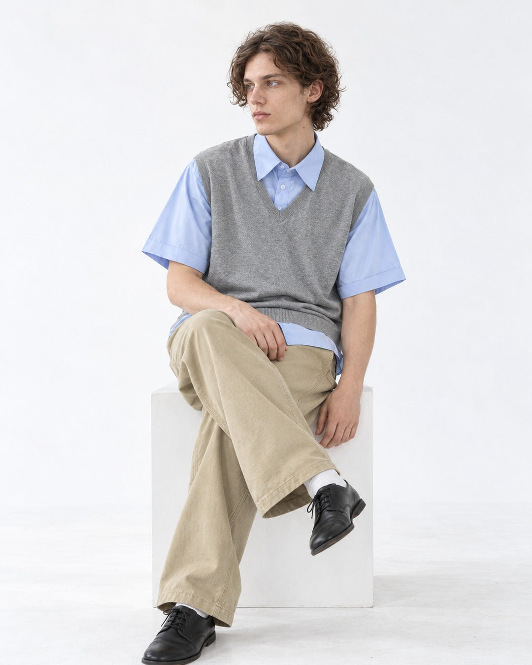 Layered-Look Sweater Vest with Shirt